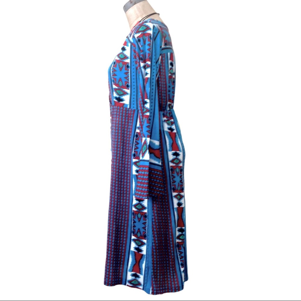 Aztec Print Dress Blue Red White Black Bell Sleeves Small S NWT - Picture 2 of 6
